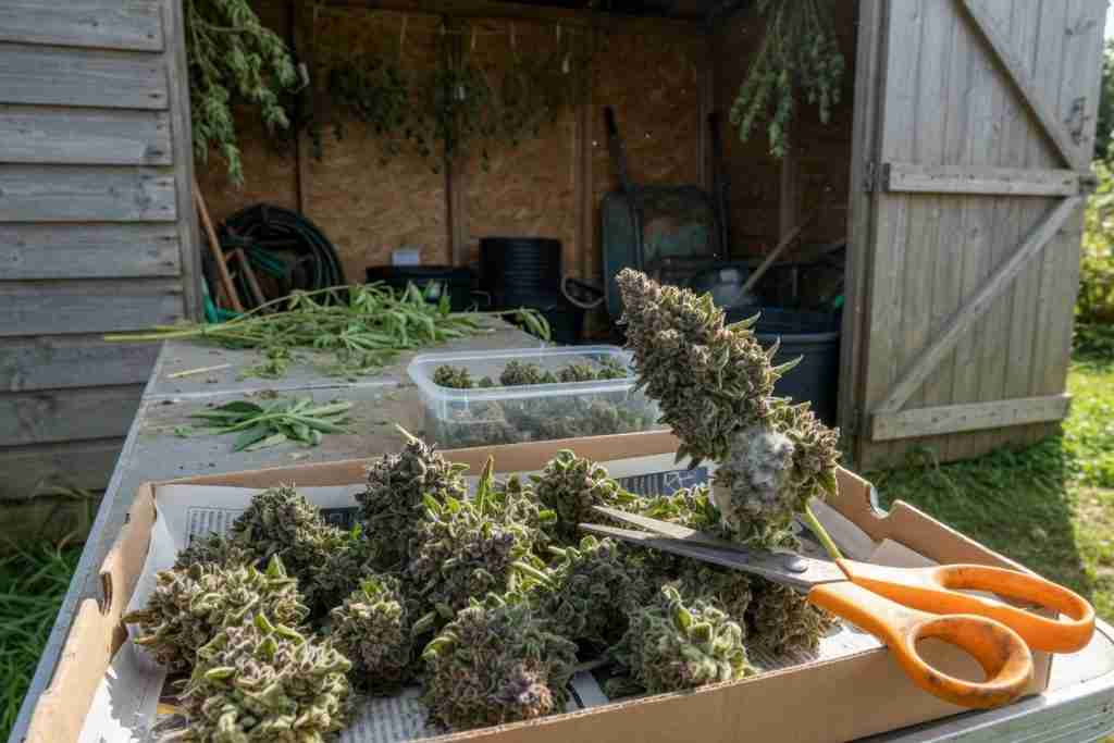 Inspecting harvested outdoor cannabis buds for mold on a tray with scissors
