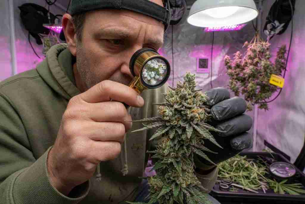 Grower inspecting ripe cannabis buds with a loupe for harvest timing