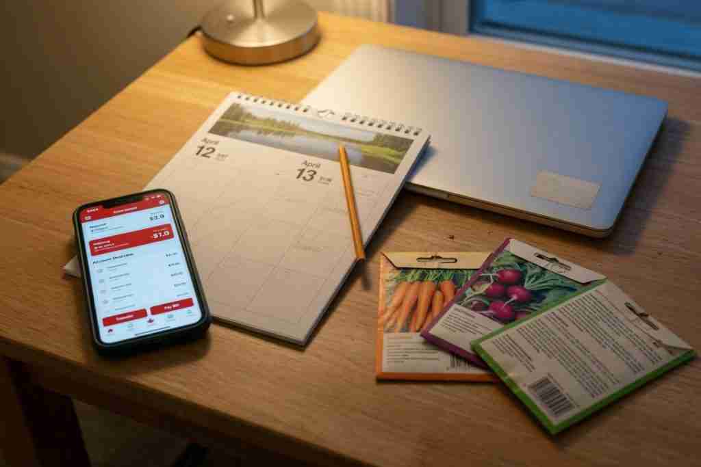 Banking phone and weekend calendar beside seed packets waiting to be paid