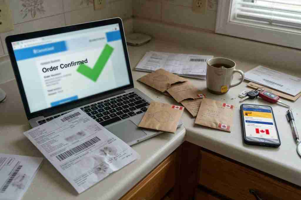 Order confirmed on a laptop beside kraft seed packets and a Canadian banking phone