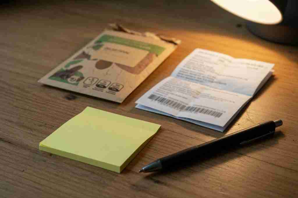Blank sticky note and pen beside a seed packet and an order confirmation