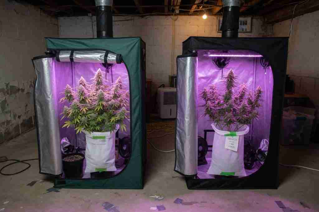 Two isolated grow tents used to keep pollen from mixing between breeding plants