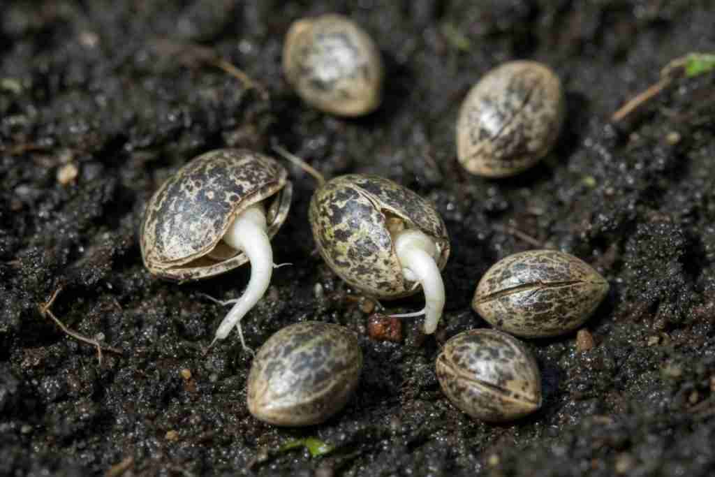 Cannabis seeds germinating in soil with white taproots splitting the shells