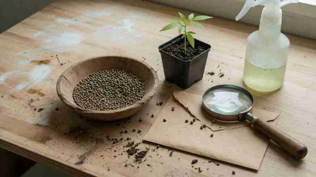 Cannabis seeds in a wooden bowl beside a seedling, envelope, and magnifying glass
