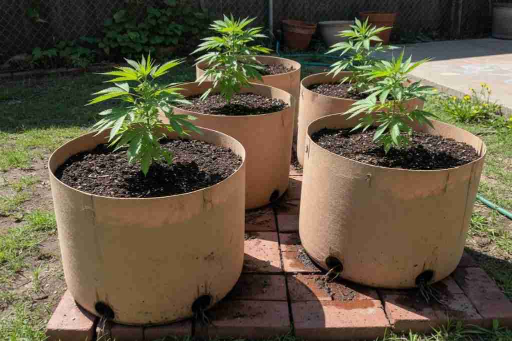 Large fabric pots with young outdoor cannabis plants on bricks