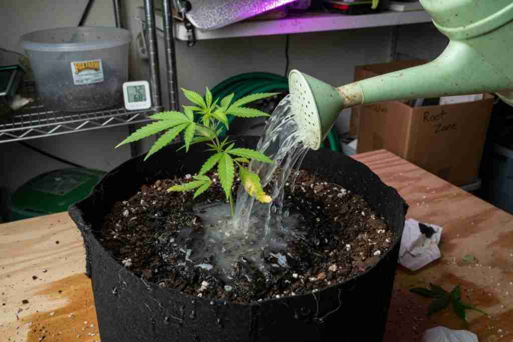 Full-spectrum LED hanging over an even cannabis canopy in a reflective tent