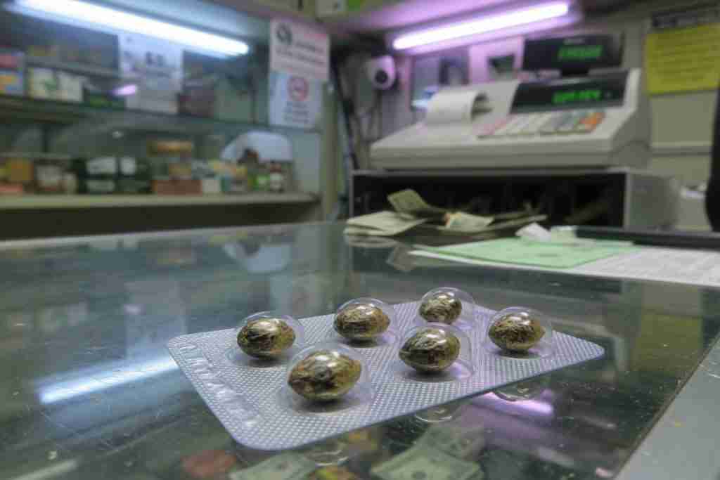 Five cannabis seeds in a plastic retail blister on a shop counter