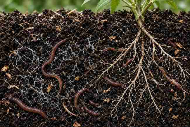 Soil cross-section with worms, roots, and fungal threads