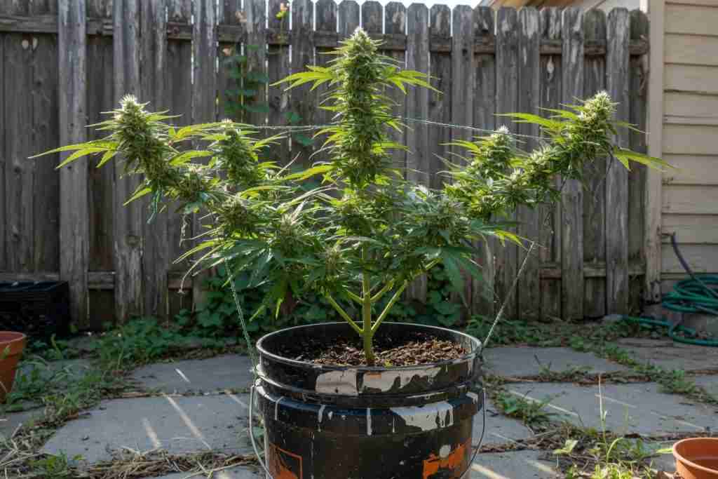 Outdoor cannabis in a reused bucket trained with garden twine