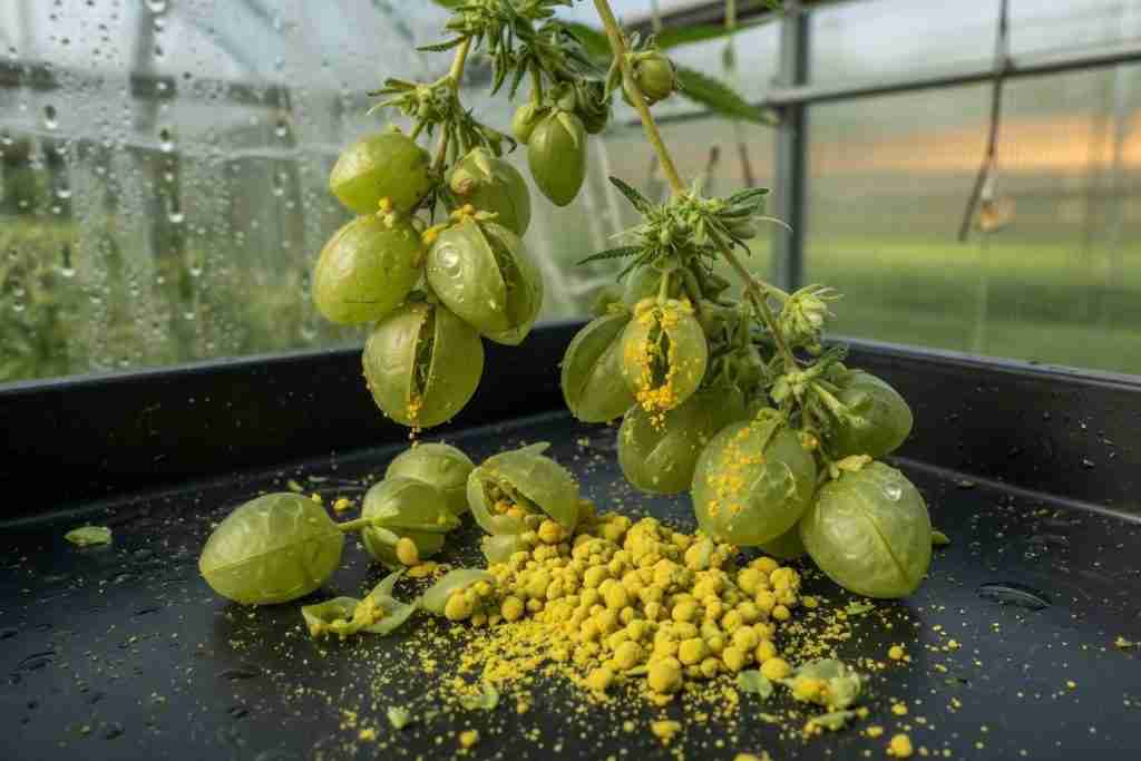 Male cannabis pollen sacs shedding yellow pollen onto a tray