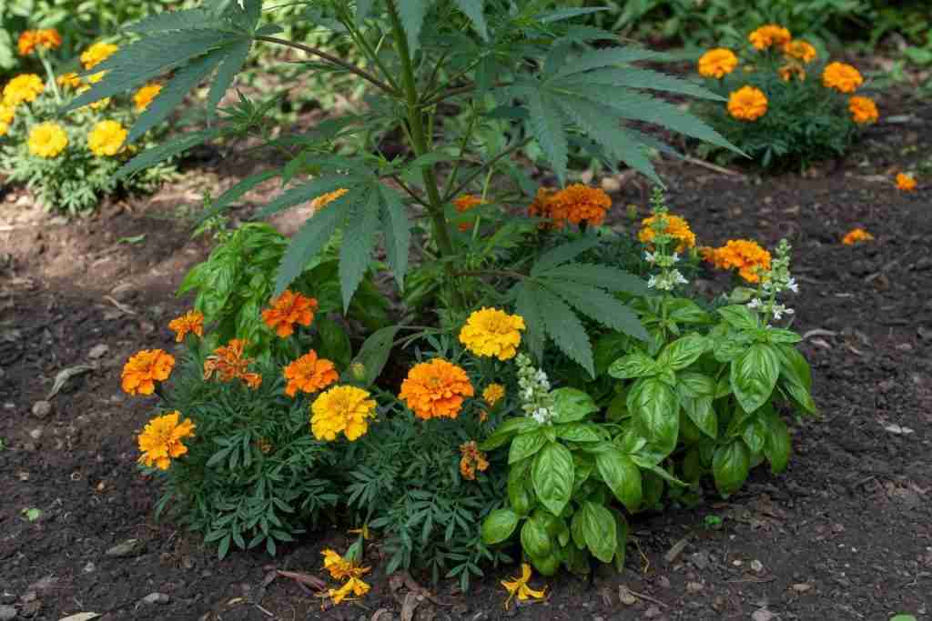 Marigolds and basil planted as companions around an outdoor cannabis plant