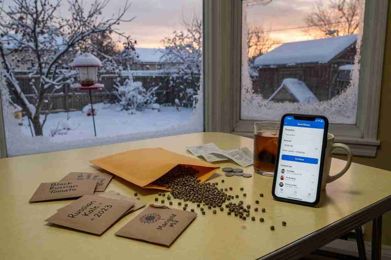 Canadian kitchen table with marijuana seeds and a phone open to send an Interac e-Transfer