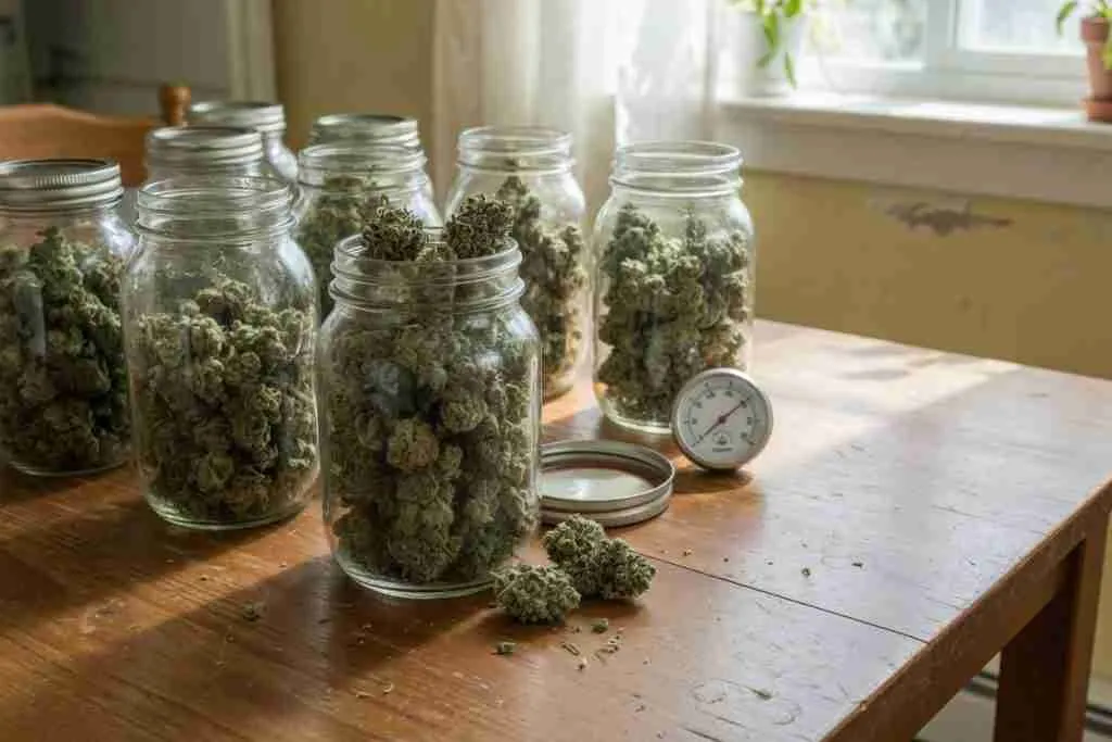Mason jars of curing cannabis buds on a wooden table with a small hygrometer