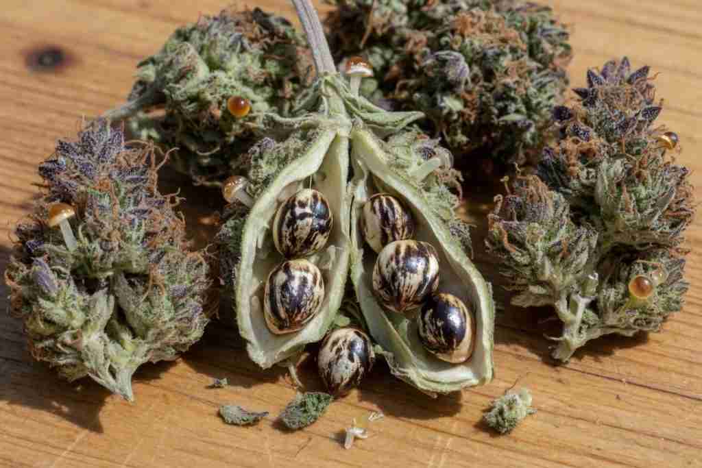 Ripe cannabis flowers opened to show mature dark seeds in the calyxes