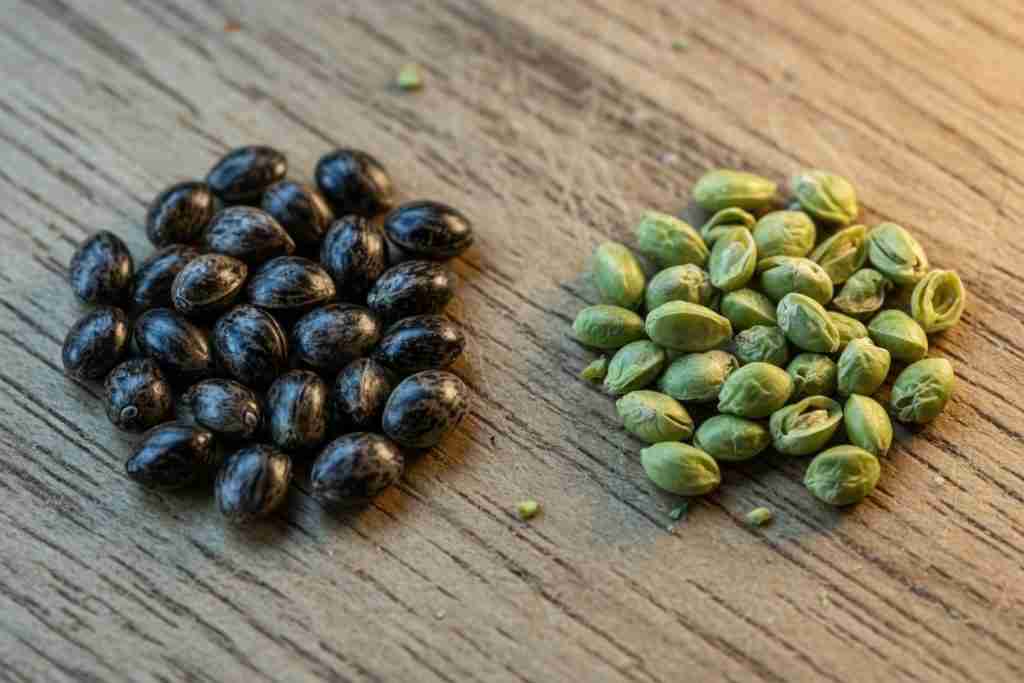 Mature dark tiger-stripe cannabis seeds beside pale immature green seeds