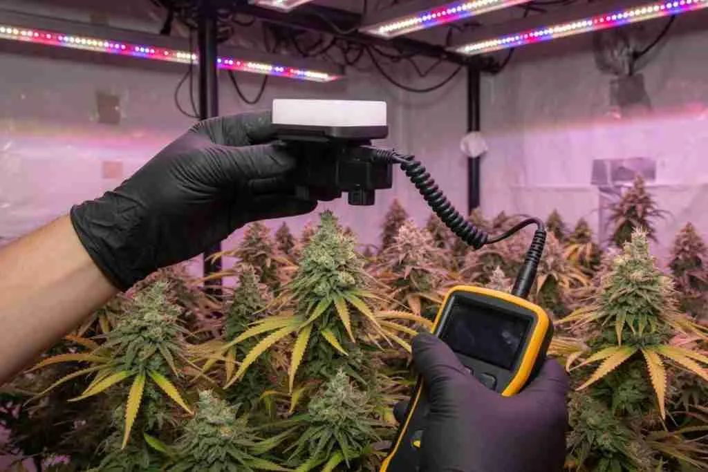 Grower measuring PPFD with a quantum PAR meter over a flowering cannabis canopy