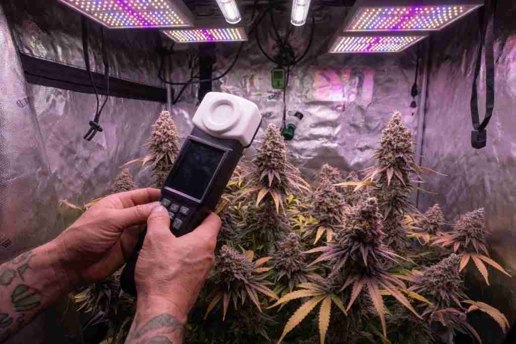 Grower measuring canopy light over flowering cannabis plants