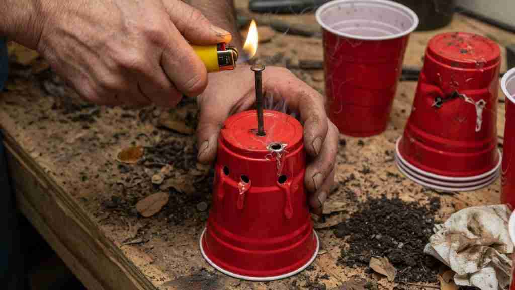 Hands melting drainage holes in the bottom of a red party cup with a heated nail