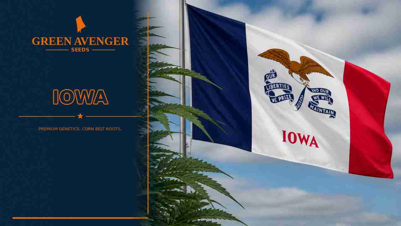 Buy cannabis seeds in Iowa — Green Avenger Seeds with official Iowa state flag