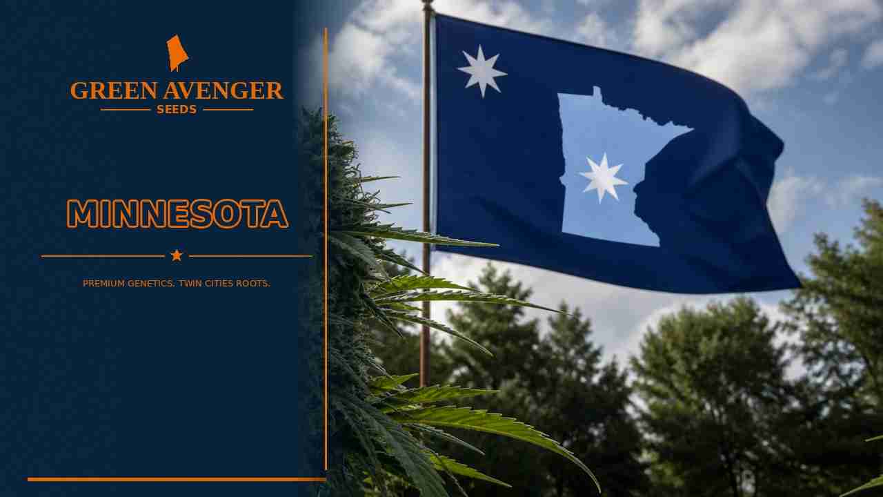 Buy cannabis seeds in Minnesota — Green Avenger Seeds with official Minnesota state flag