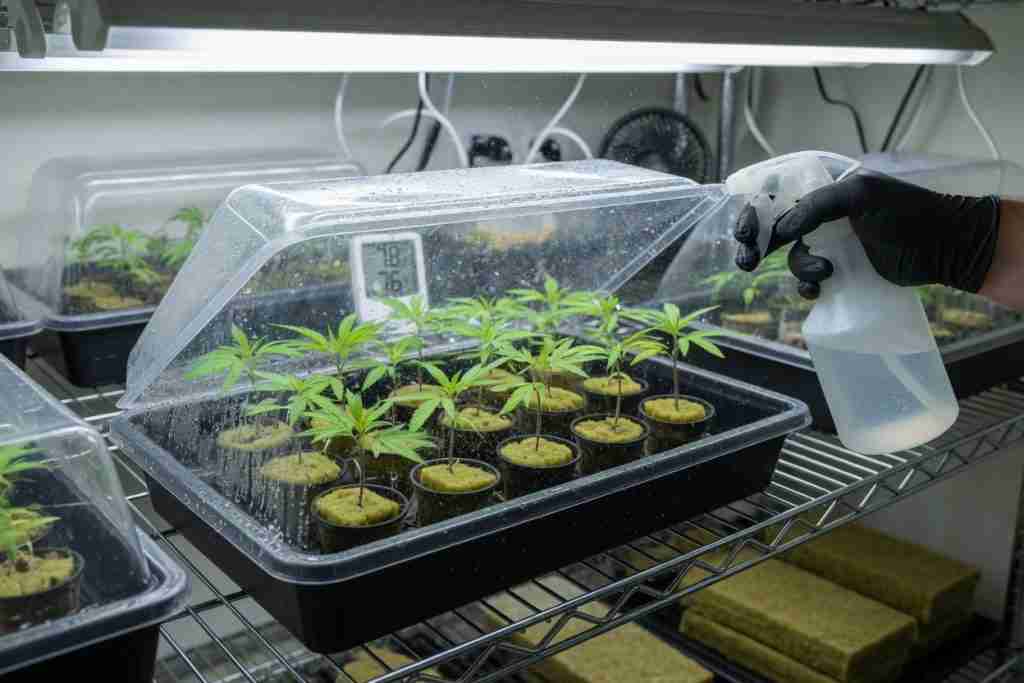 Cannabis clones in a tray receiving a light mist from a spray bottle