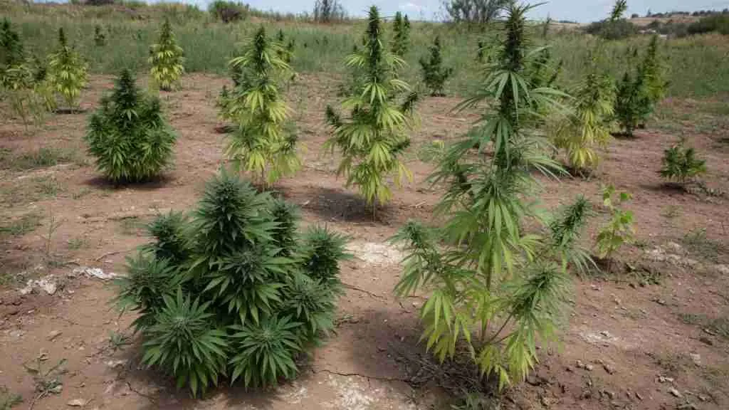 Mixed outdoor cannabis field with squat bushy plants beside taller narrower-leaf plants