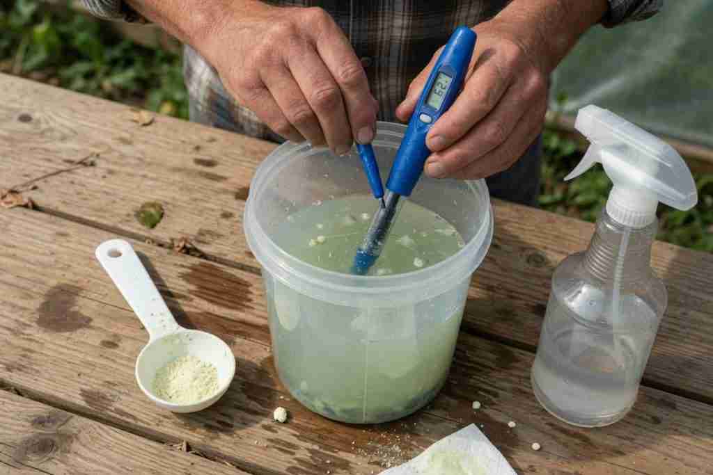 Grower mixing foliar spray in a jug with a pH pen and a spray bottle