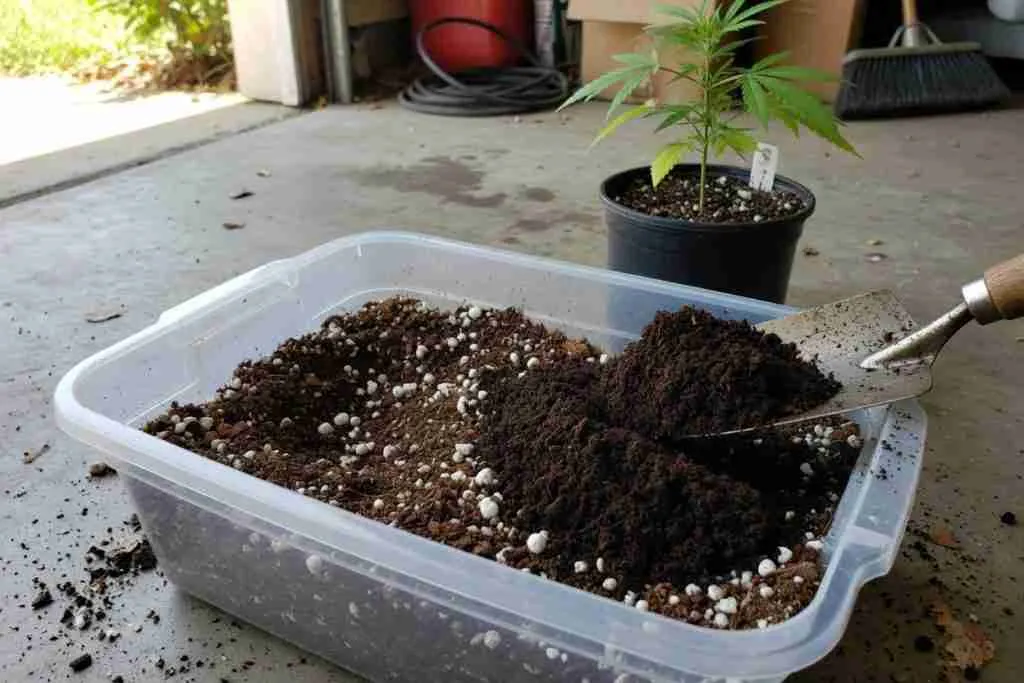 Trowel mixing peat, perlite, and worm castings for cannabis soil