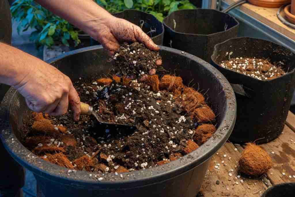 Hands mixing coco coir, perlite, and potting soil for cannabis fabric pots