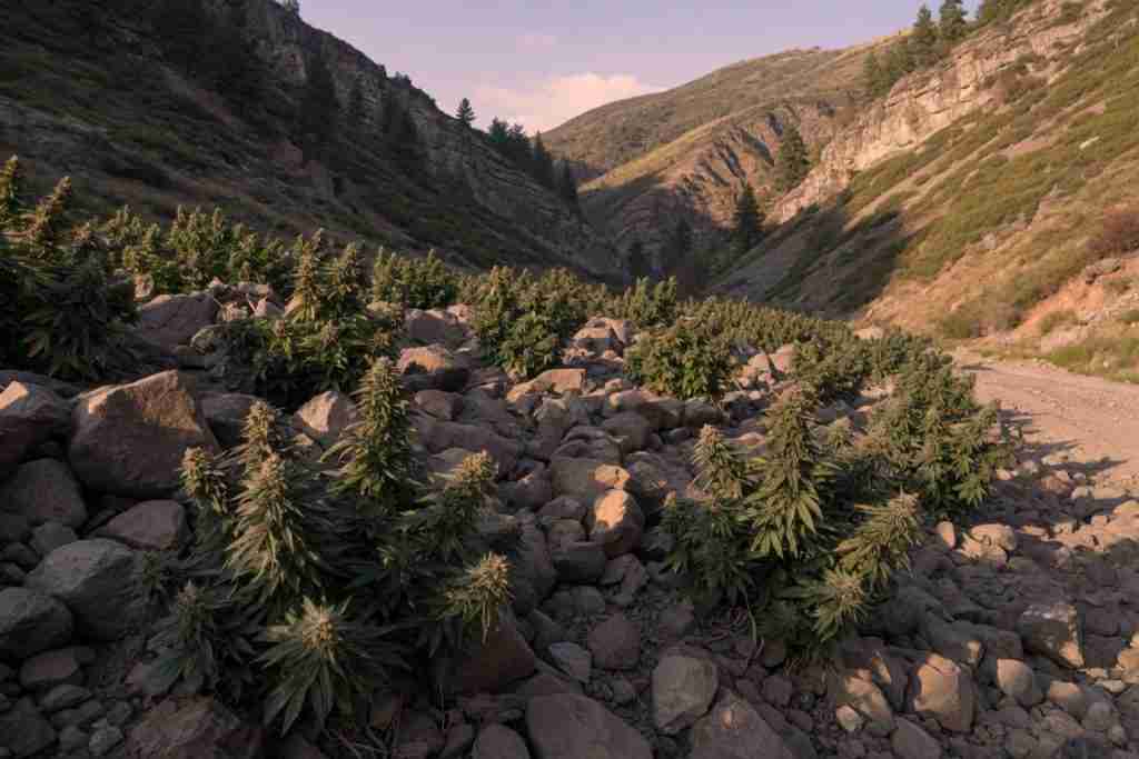 Short resinous cannabis plants growing among rocks in a mountain valley