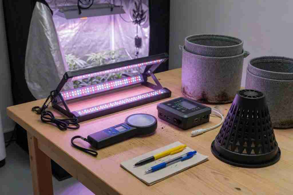 New 2026 cannabis grow gear with foldable LED bars, a climate controller, PAR meter, fabric pots, and an air-pruning pot