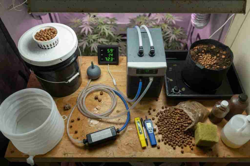 New hydroponic cannabis gear on a bench including a DWC bucket, water chiller, pH EC monitor, pens, clay pebbles, and a gravity tray