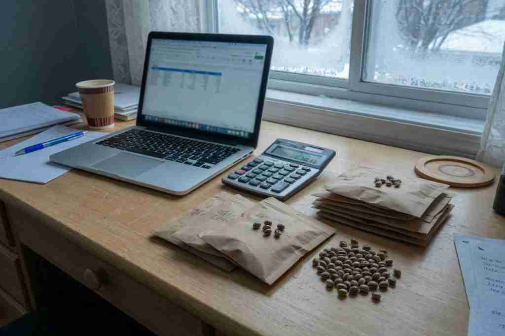 Laptop, calculator, and kraft cannabis seed packets on a Canadian desk