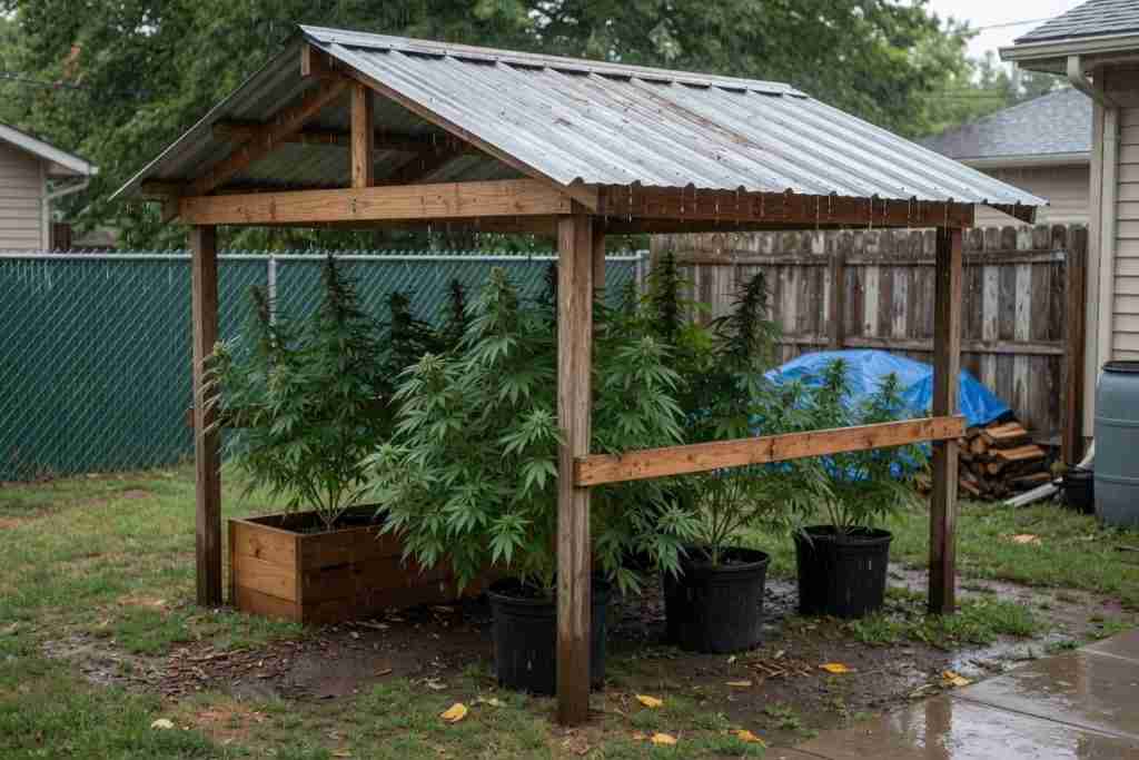 Open-sided rain shelter over outdoor cannabis plants in a backyard