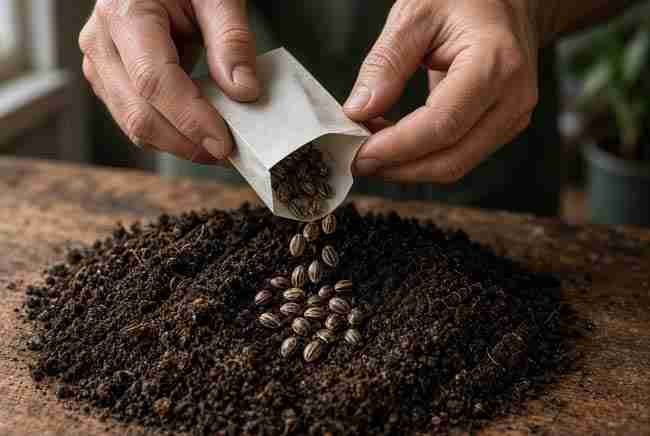 Hands pouring ripe brown seeds onto dark potting mix
