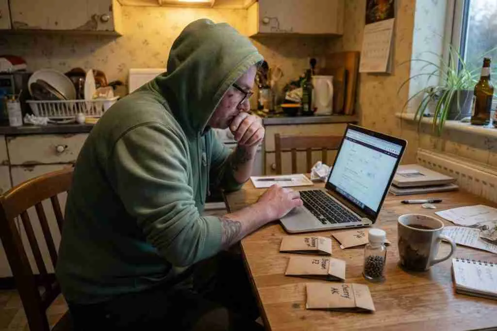 Grower placing an online cannabis seed order on a laptop with labeled seed packets