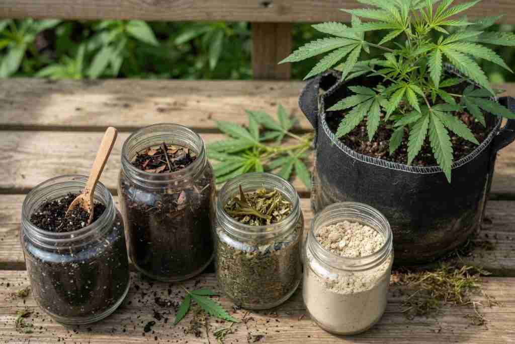 Jars of worm castings, compost, kelp, and bone meal beside a vegetative cannabis plant