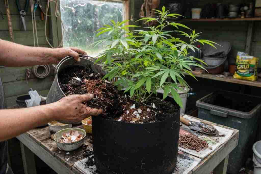 Hands mixing compost, worm castings, and crushed eggshells into a fabric pot of a vegetative cannabis plant