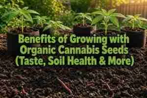 Main Image for article with bubble text stating "benefits of Growing with Organic Cannabis Seeds