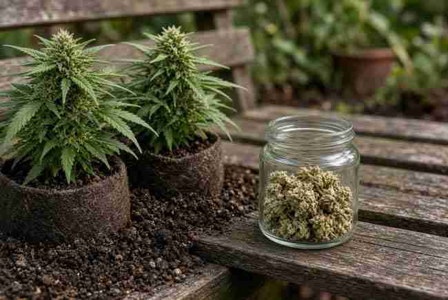 Short bushy plants in soil beside a jar of pale cured flower