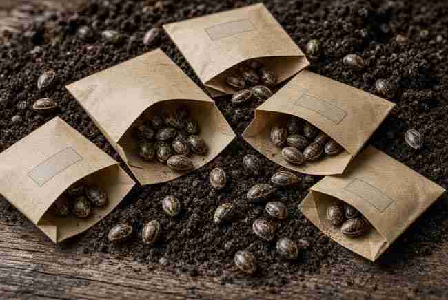 Small paper seed envelopes on crumbly garden soi