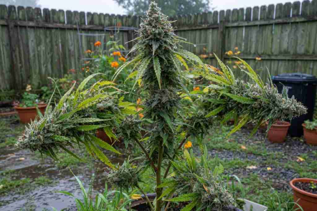 Outdoor cannabis plant in late flower after rain with water sitting on dense buds