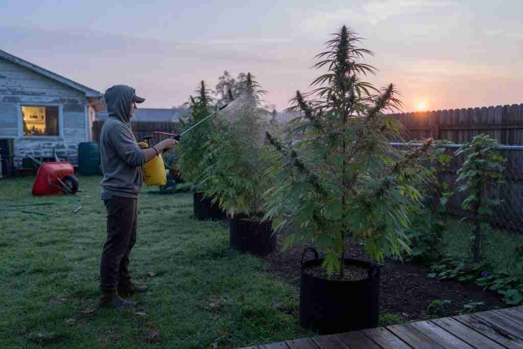 Outdoor cannabis plants being misted at cool dawn in a backyard