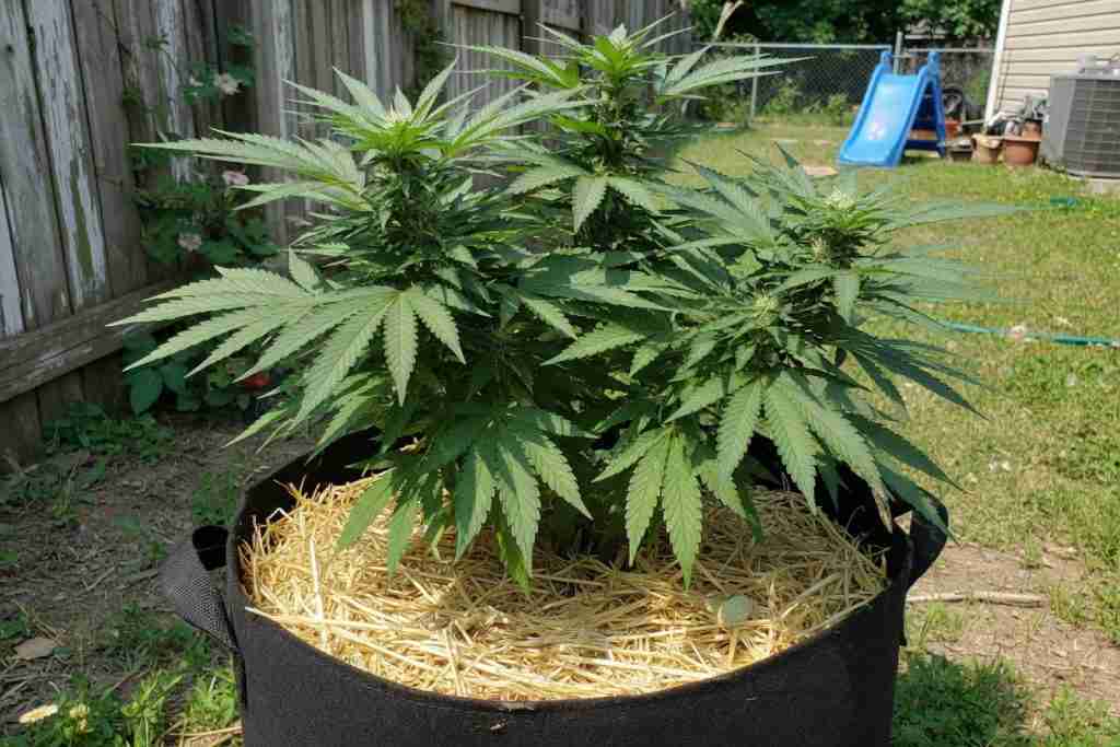 Outdoor cannabis in a fabric pot with mulch on the soil surface