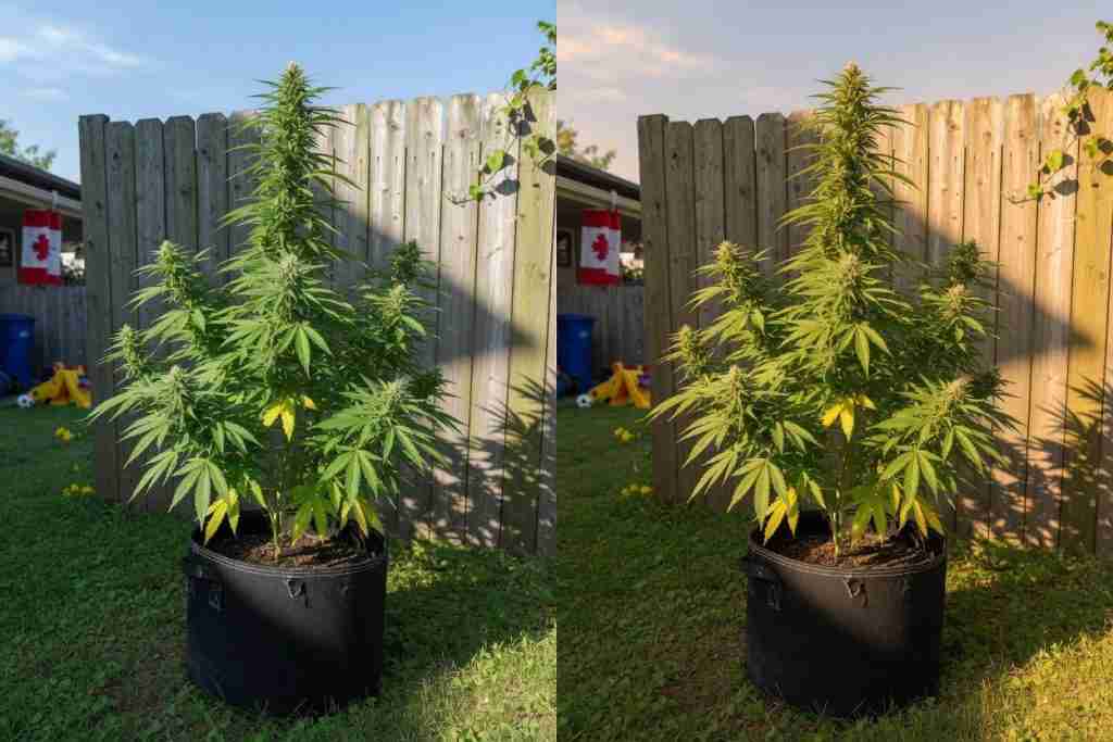 Outdoor cannabis plant in a large fabric pot in a Canadian backyard
