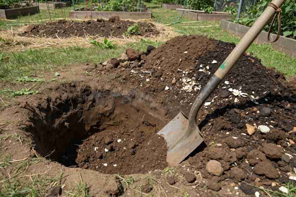 Garden hole dug for outdoor cannabis planting with a shovel and amended soil