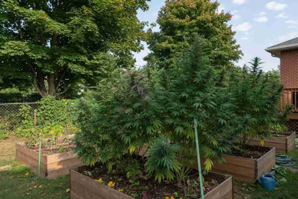 Outdoor cannabis plants in raised beds in a Canadian backyard garden