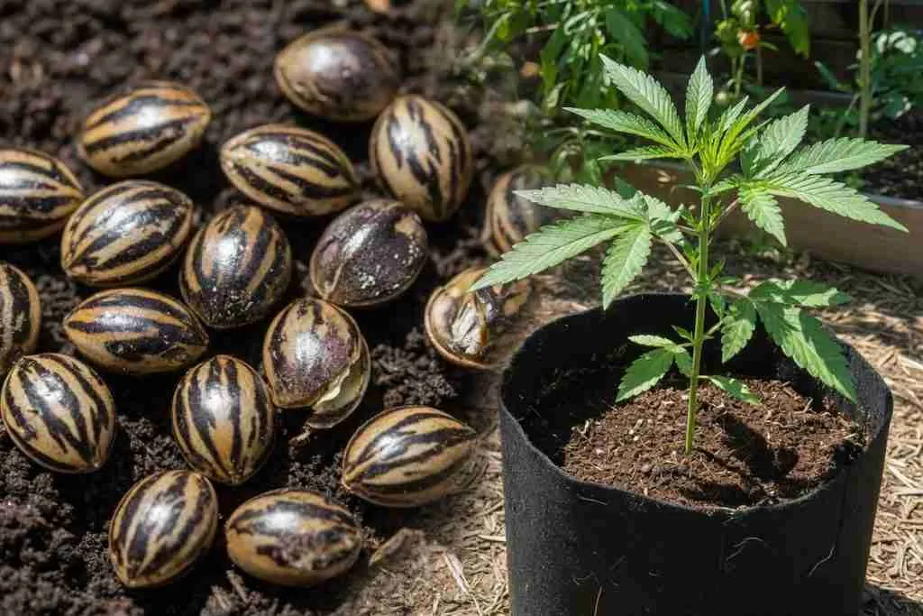 Cannabis seeds and a healthy outdoor seedling in a fabric pot in the sun