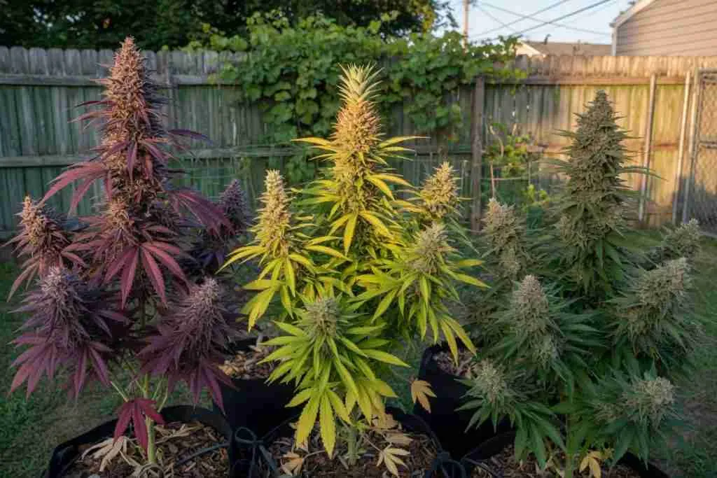 Three outdoor cannabis plants with purple, lime, and green phenotypes in late flower