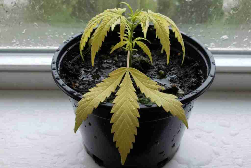 Overwatered yellow cannabis seedling in a wet black pot on a rainy windowsill